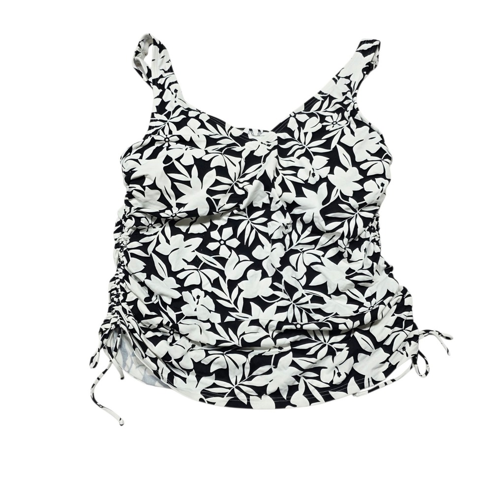 Lands End Floral Ruched Tankini Top Women 10 Black White Nylon Underwire